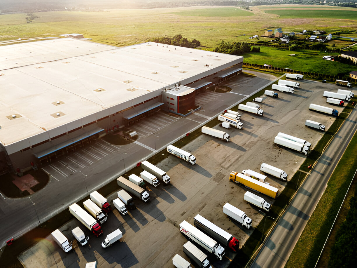 Tampak atas pusat distribusi besar dengan banyak truk, menggambarkan logistik dan manajemen rantai pasok. Tampak atas pusat distribusi besar dengan banyak truk, menggambarkan logistik dan manajemen rantai pasok.