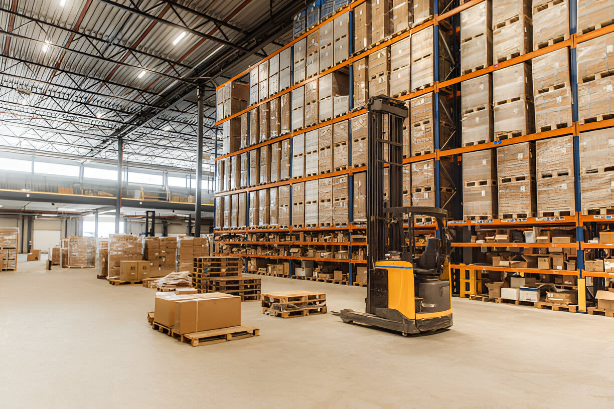 Forklift kuning di dalam gudang logistik modern untuk manajemen inventaris dan stok barang. Forklift kuning di dalam gudang logistik modern untuk manajemen inventaris dan stok barang.